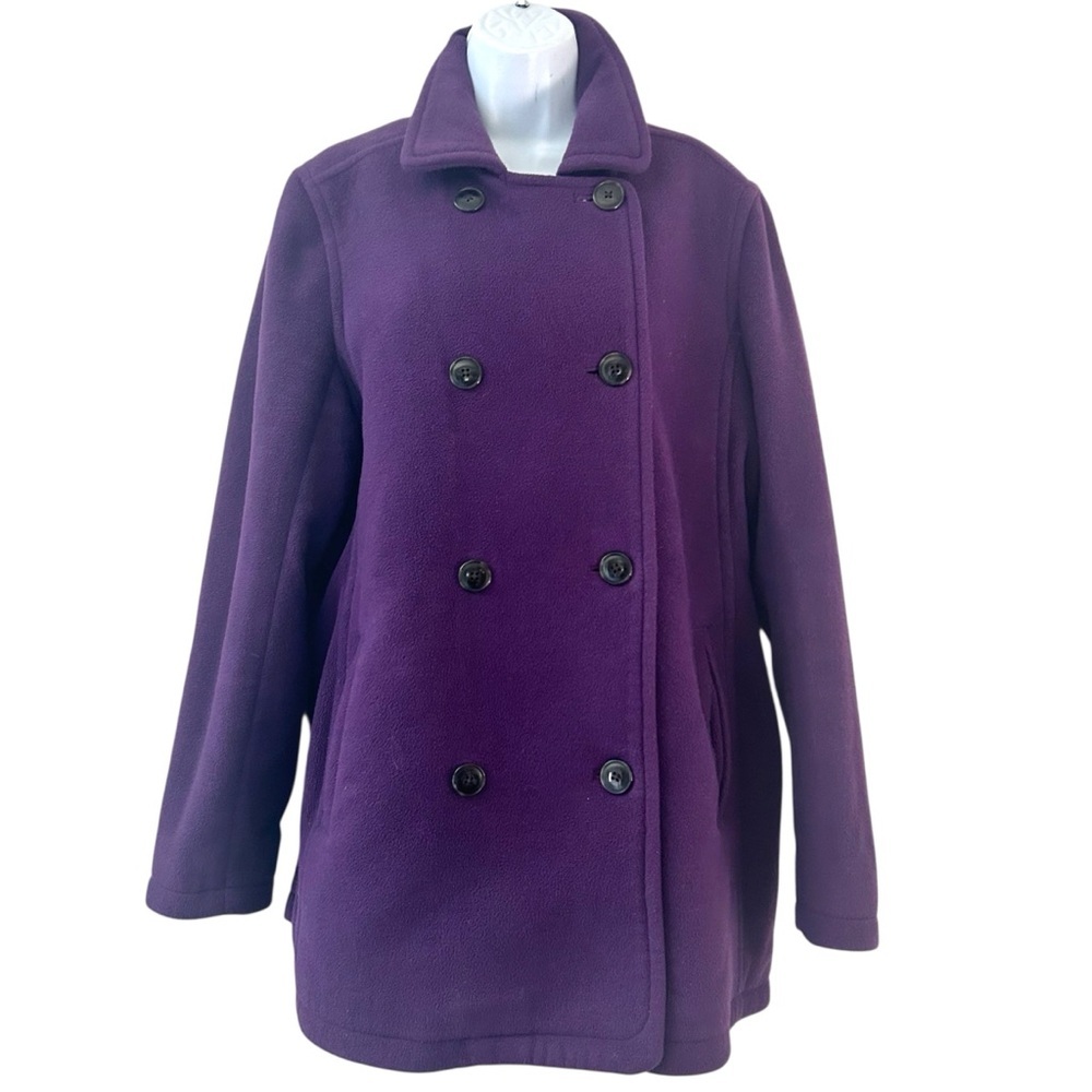 L.L.Bean Vtg Purple Fleece Peacoat Double Breasted Womens L Jacket Overcoat